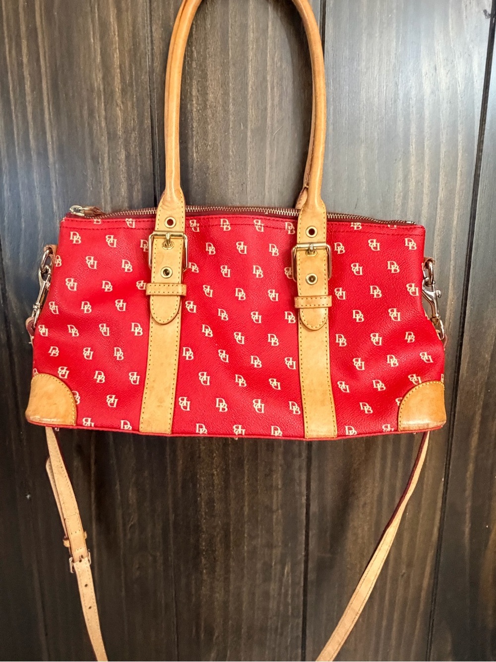 Dooney & Bourke Red Logo Canvas Shoulder Bag w/ Tan Leather Trim crossbody strap - Picture 6 of 13